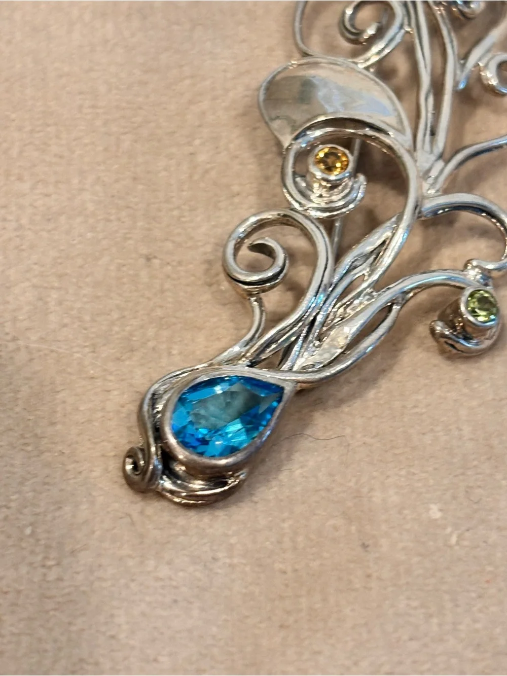 Vintage Designer 925 Sterling Silver & Precious Gemstone Embellished Brooch